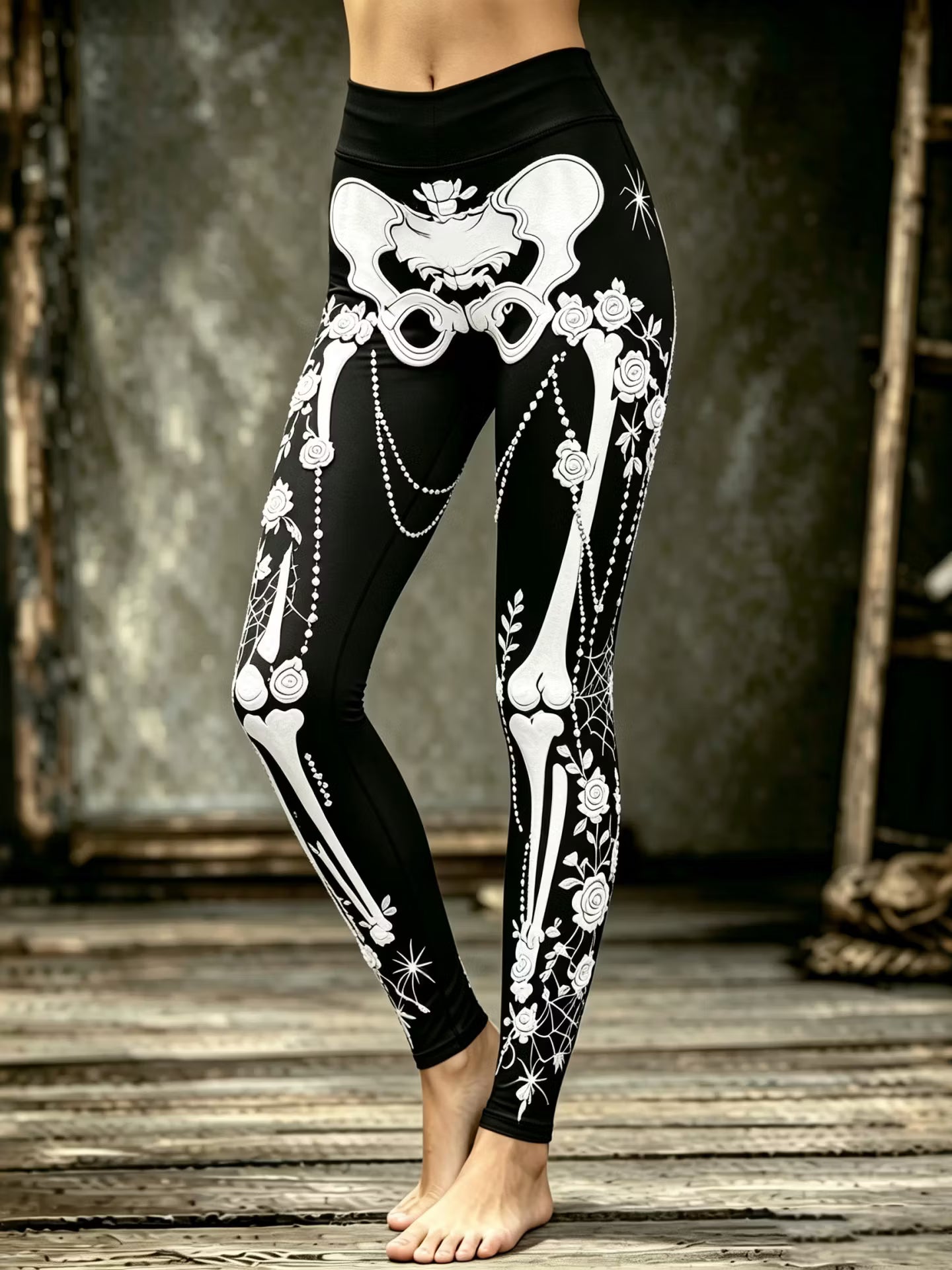 Women's Halloween Gothic Skull With Spiderweb Floral Art Leggings