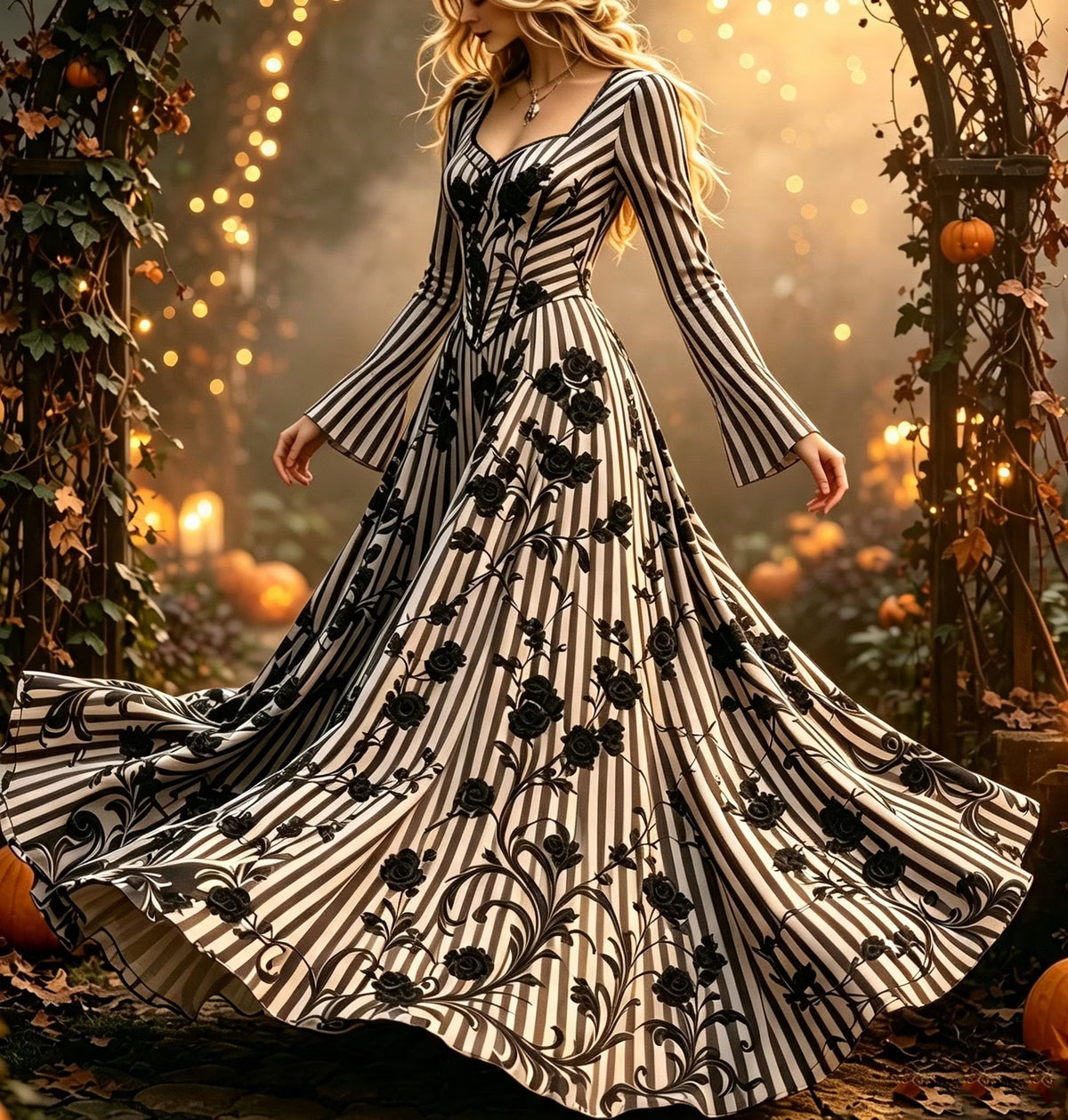 Women's Retro Halloween Striped And Floral V-neck Dress