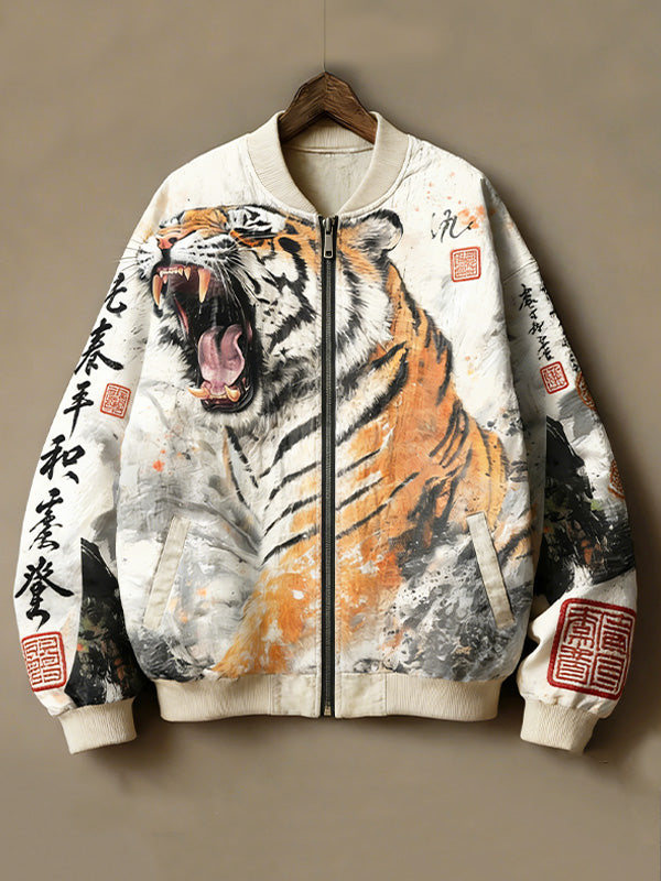 Men's Roaring Tiger Japanese Art Print Casual Zip Up Jacket