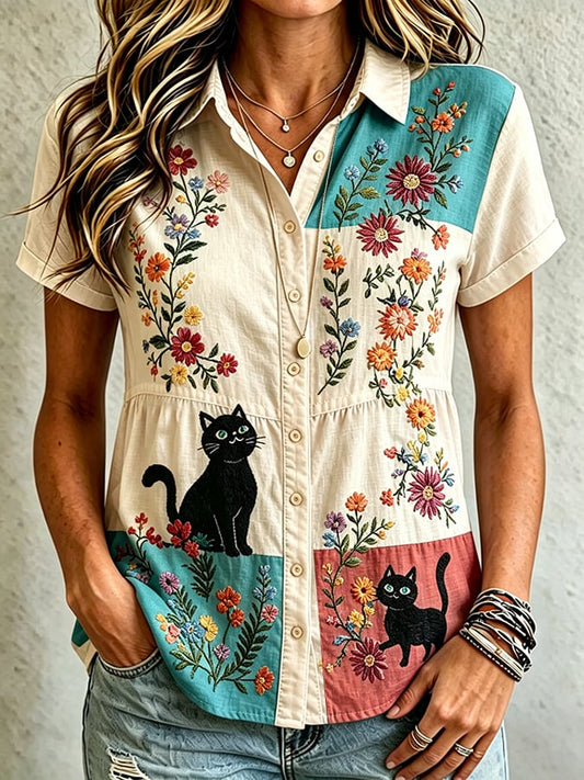 Women's Casual Cat Floral Print Shirt