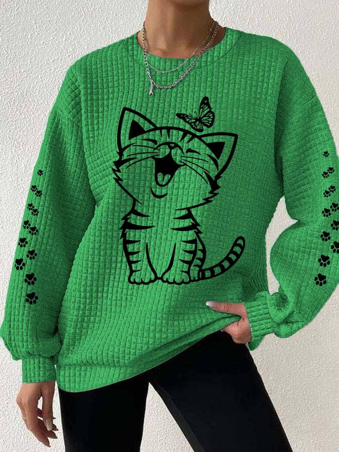 Women's Cute Cat Print Cat Lovers Casual Waffle Sweatshirt
