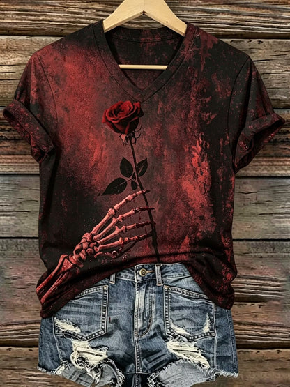 Women's Retro Bohemian Style Skull And Rose Floral Print T-shirt