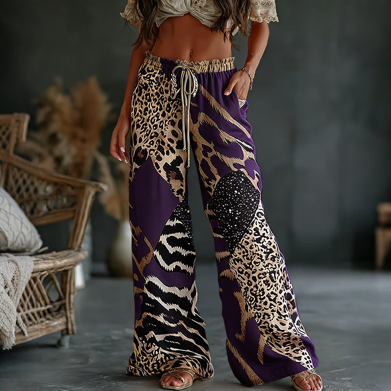 Women's  Leopard And Animal Patchwork Art Print Flowy Linen Blend Casual Pants