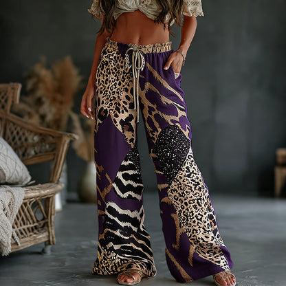Women's  Leopard And Animal Patchwork Art Print Flowy Linen Blend Casual Pants