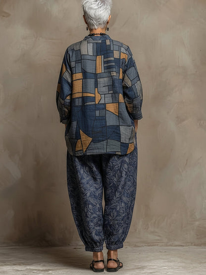 Bohemian Art-print Linen And Cotton Two-piece Top And Pants Set