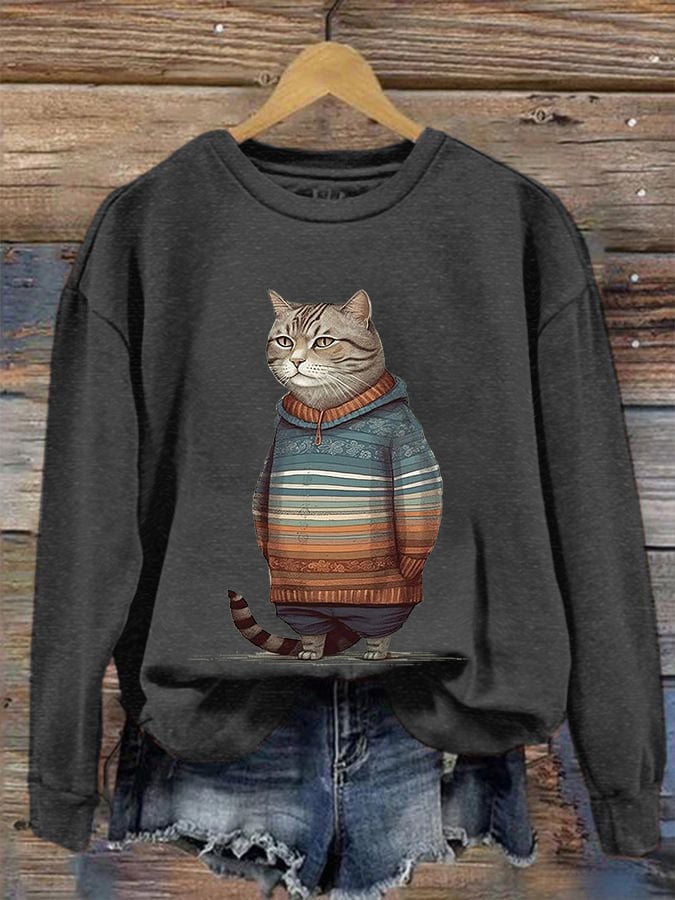 Women's Winter Cat Print Crew Neck Sweatshirt