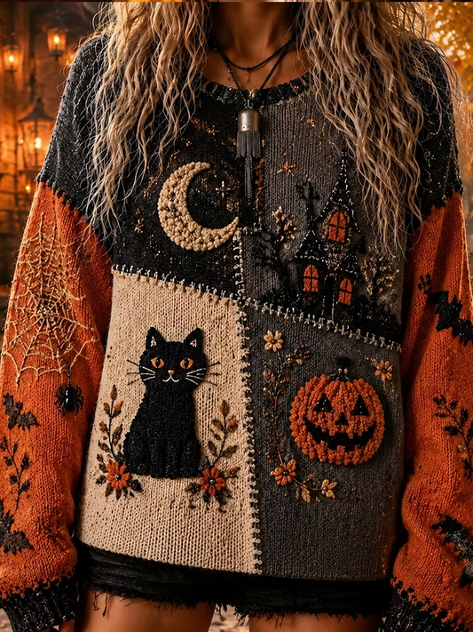Women's Halloween Vintage Colorblock Black Cat, Pumpkin, Haunted House & Spiderweb Knit Sweater