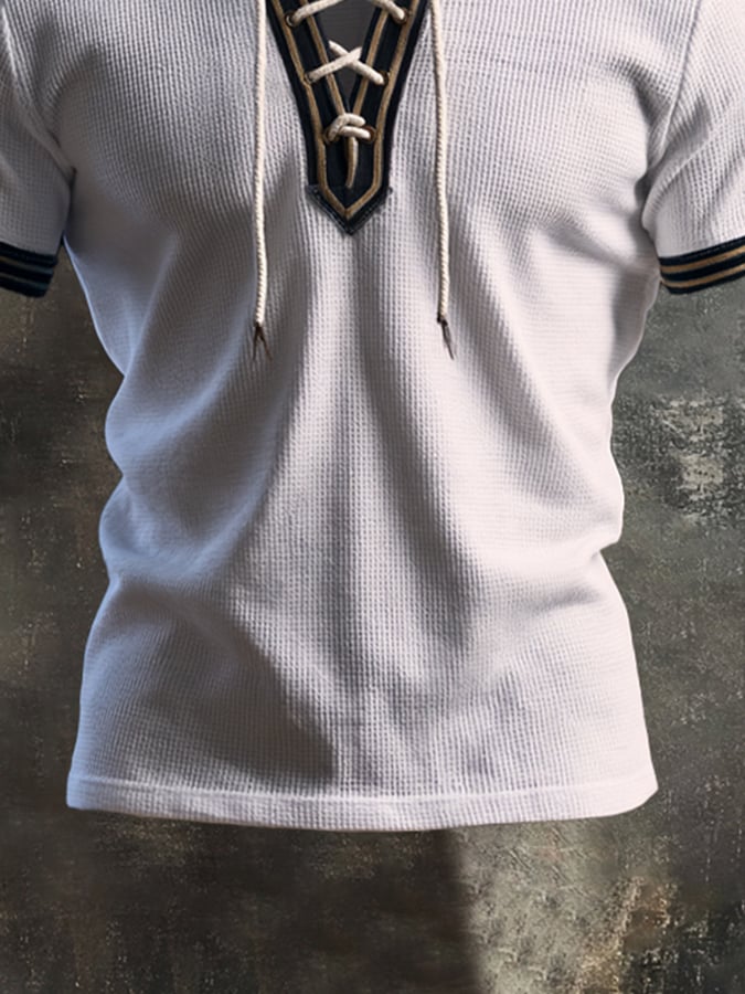 Men's Fashion Color-Block Waffle-Knit Lace-Up Henley Short-Sleeve Top