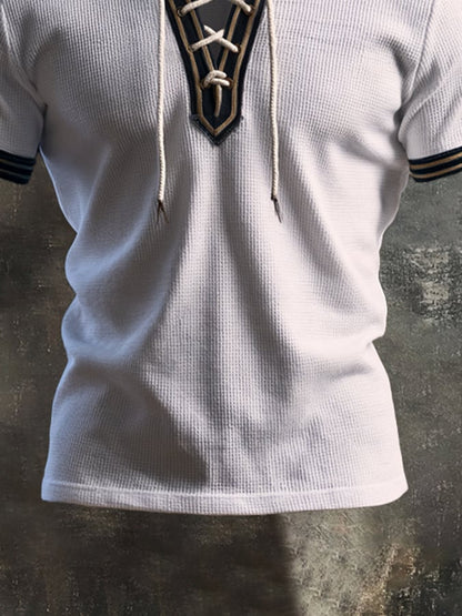 Men's Fashion Color-Block Waffle-Knit Lace-Up Henley Short-Sleeve Top