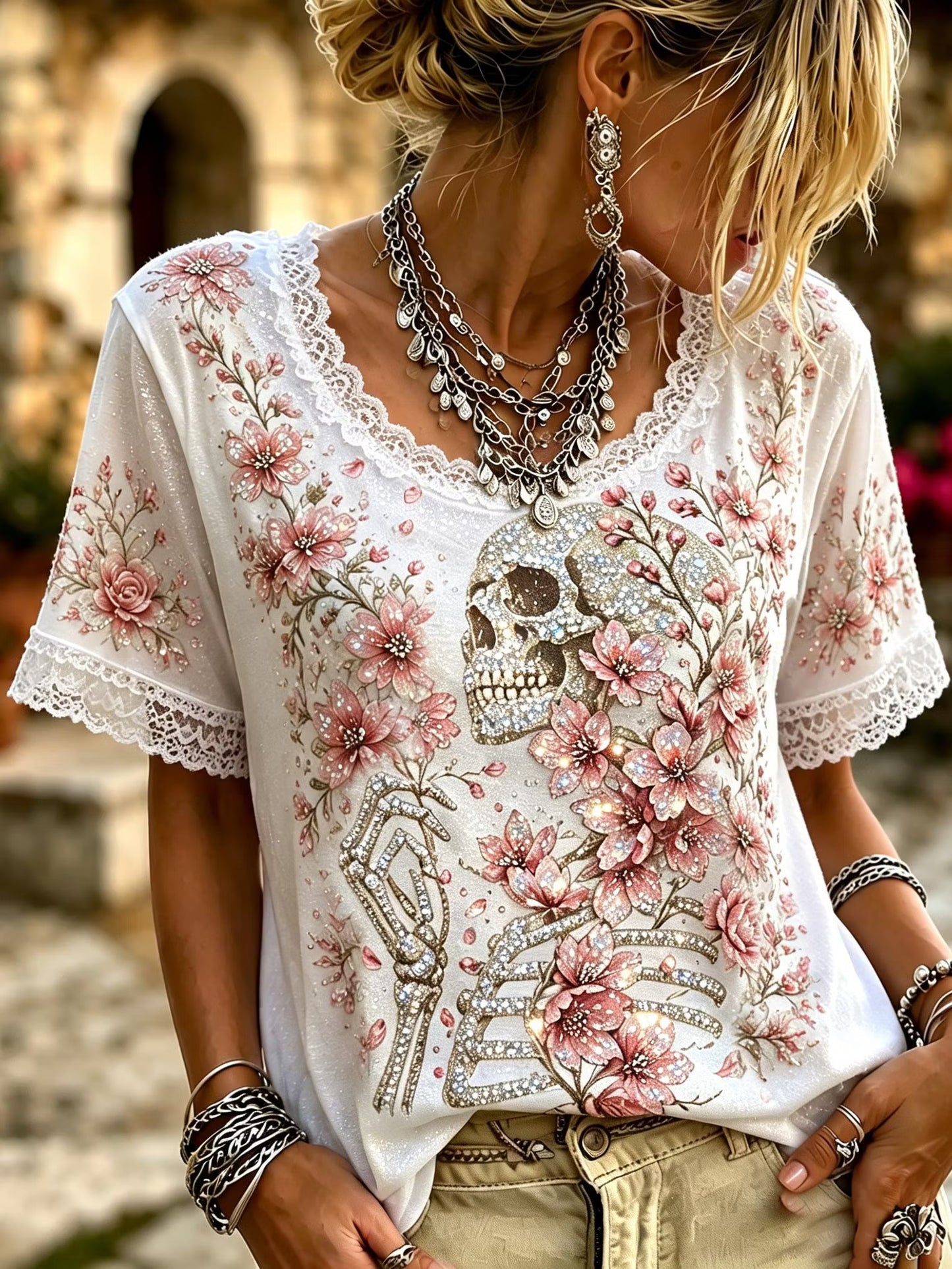 Women's Bohemian Style Skull And Floral Sequin Print Top