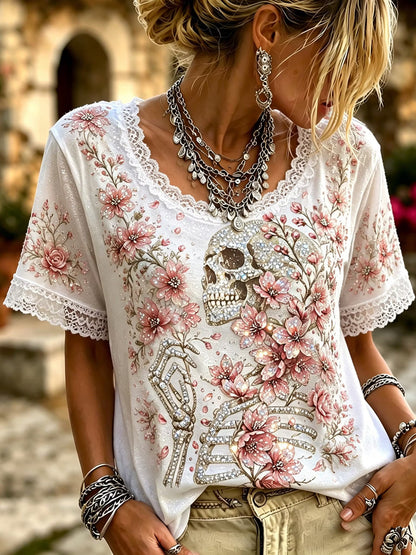 Women's Bohemian Style Skull And Floral Sequin Print Top