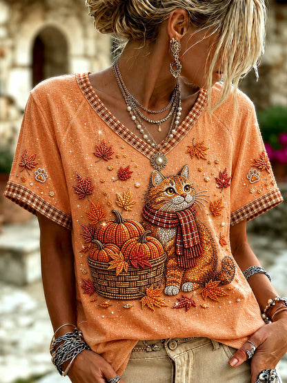 Women's Cute Cat Art Print V-neck Short Sleeve T-shirt