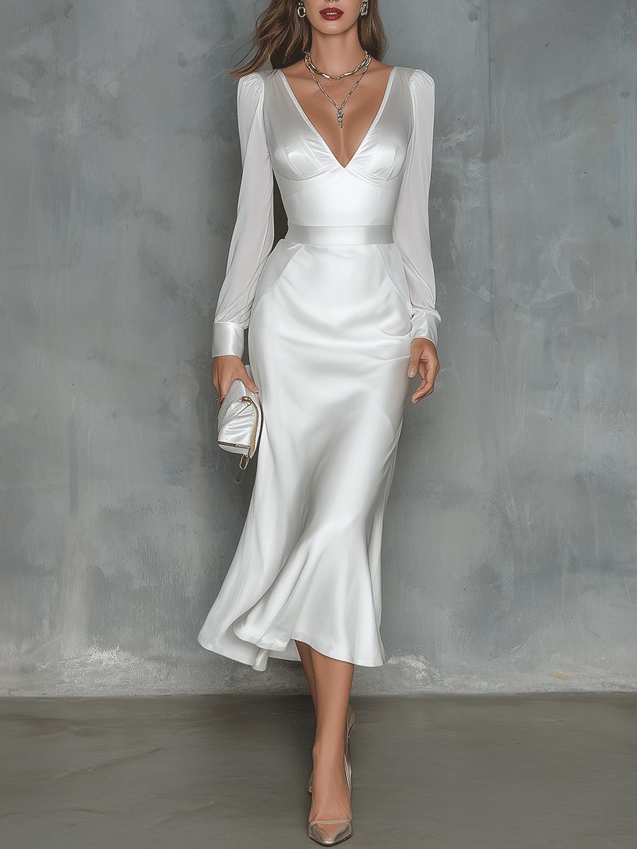 Elegant White Satin V-Neck Midi Dress