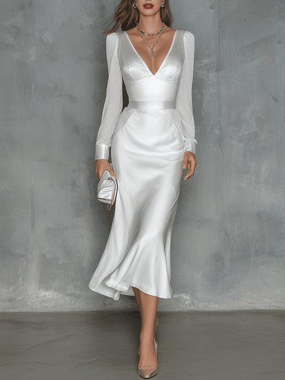 Elegant White Satin V-Neck Midi Dress