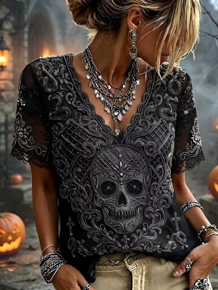 Women's Gothic Skull Embroidered V-neck Tee