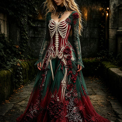 Women's Retro Gothic Skeleton And Rose Pattern Maxi Halloween Dress