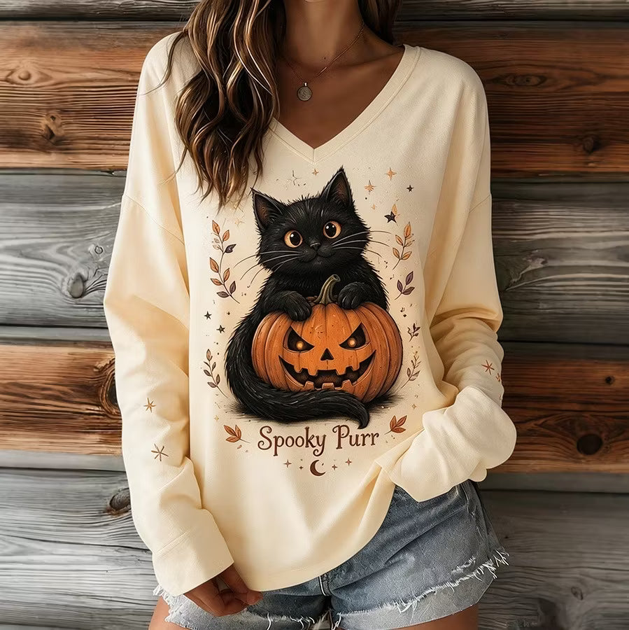 Women's Retro Halloween Pumpkin With Ctue Black Cat Print Casual V-neck Long Sleeve T-shirt