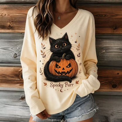 Women's Retro Halloween Pumpkin With Ctue Black Cat Print Casual V-neck Long Sleeve T-shirt