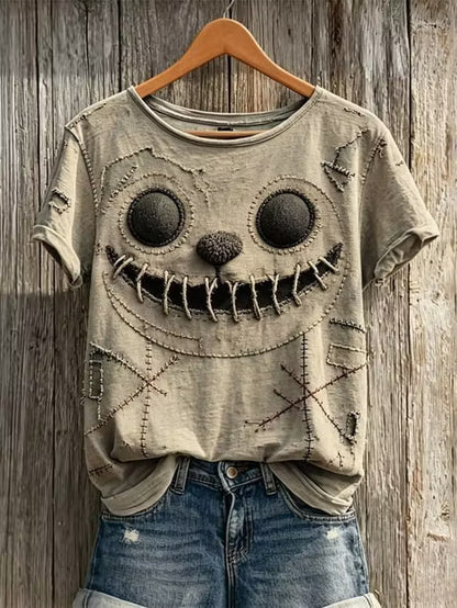 Women's Retro Halloween Scary Smiley Face Crew Neck T-shirt