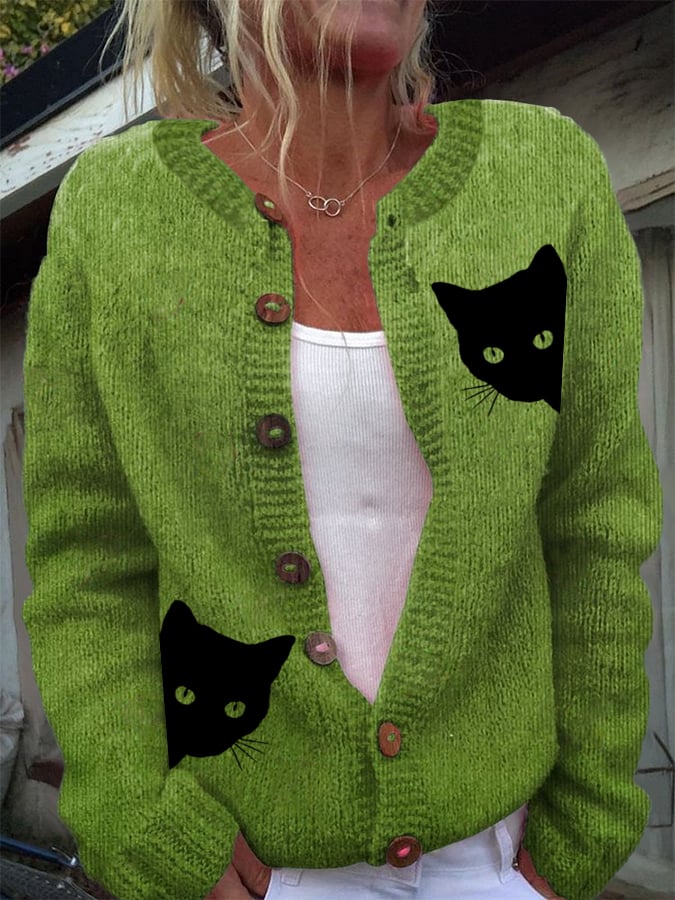 Women's Cat Print Knitted Cardigan