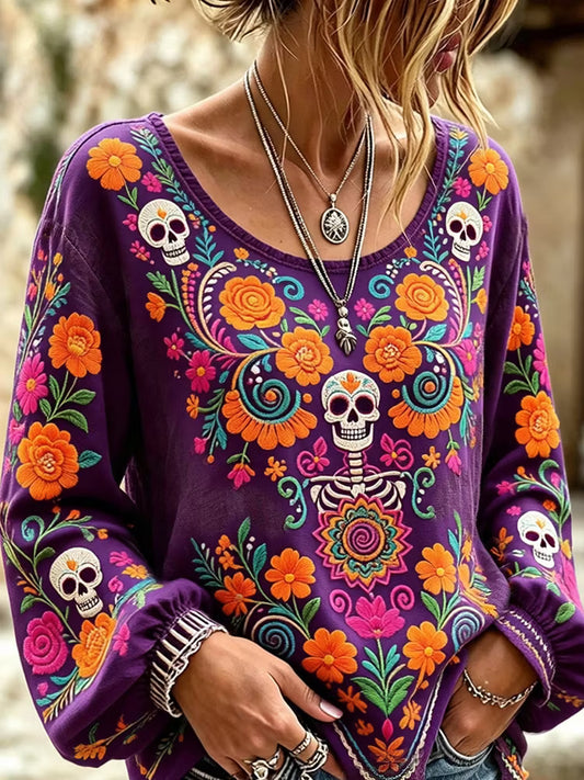 Women's Retro Day Of The Dead Floral Skull Print Cotton Linen Top