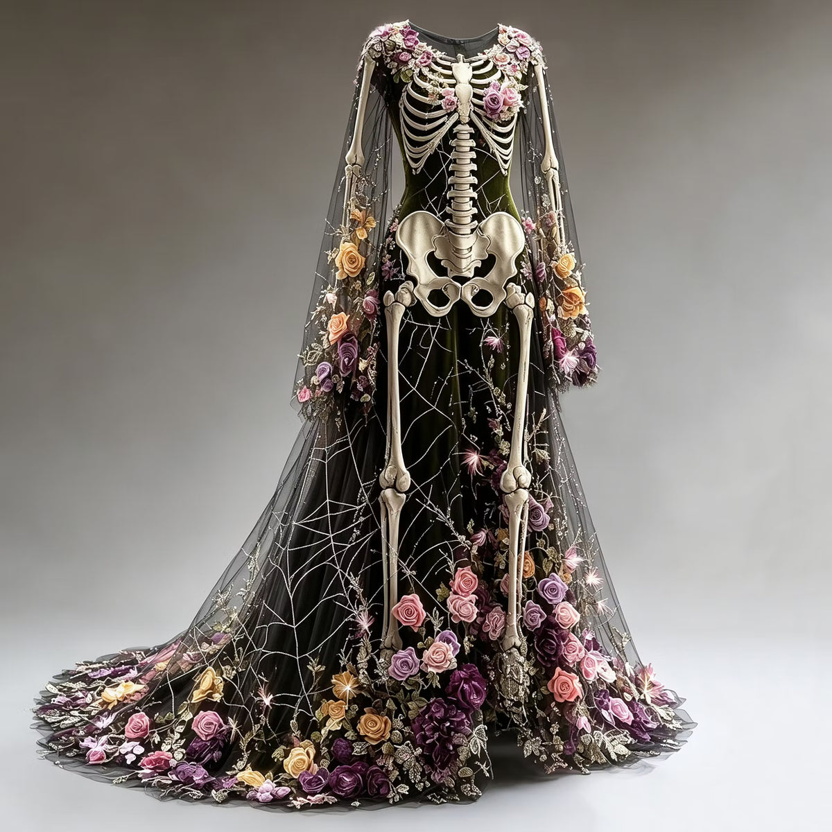 Women's Retro Gothic Skeleton And Floral Gradient Pattern Maxi Dress