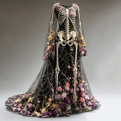Women's Retro Gothic Skeleton And Floral Gradient Pattern Maxi Dress