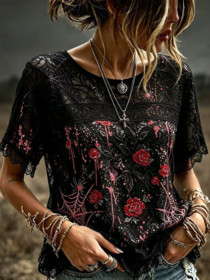 Women's Retro Halloween Style Rose And Spider Embroidery Print Top