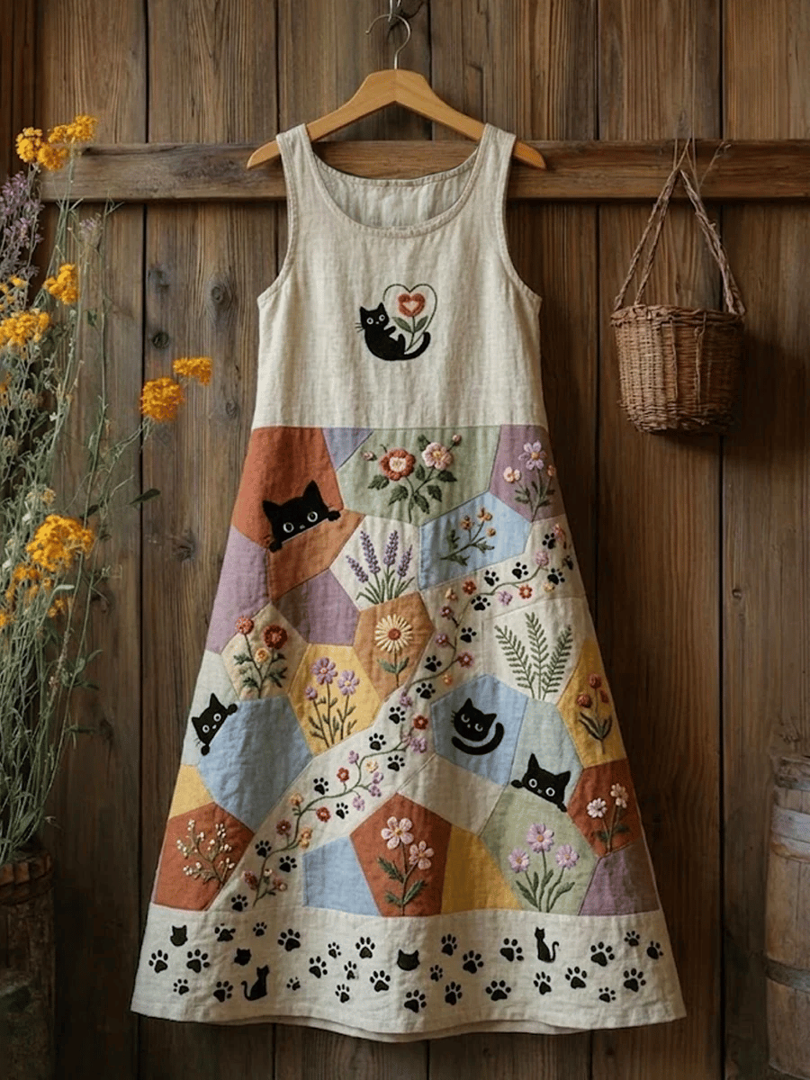 Women's Retro Floral Cats Print Casual Sleeveless Midi Dress