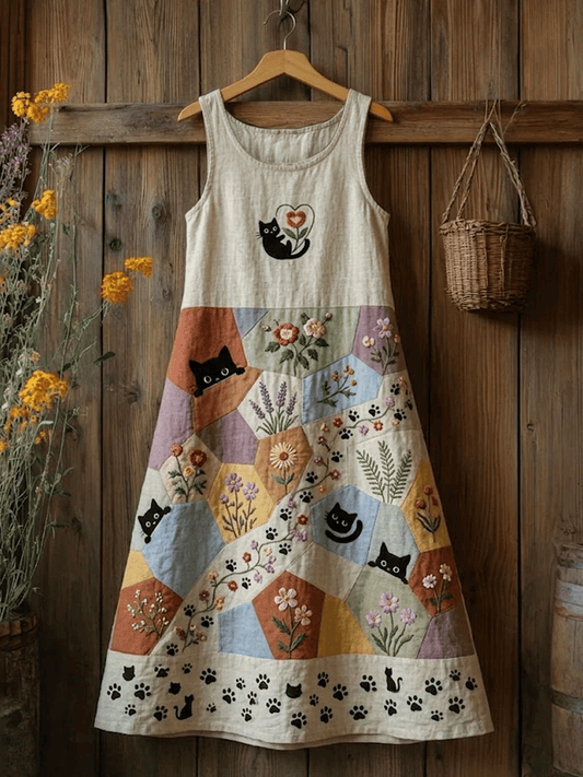 Women's Retro Floral Cats Print Casual Sleeveless Midi Dress