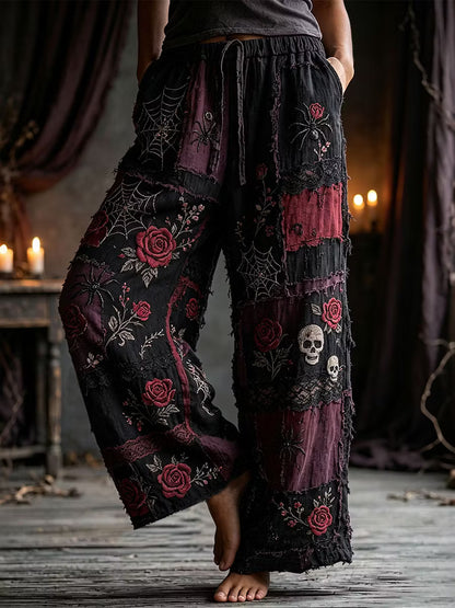 Women's Halloween Rose Skull Spider Color Block Cotton Linen Pants