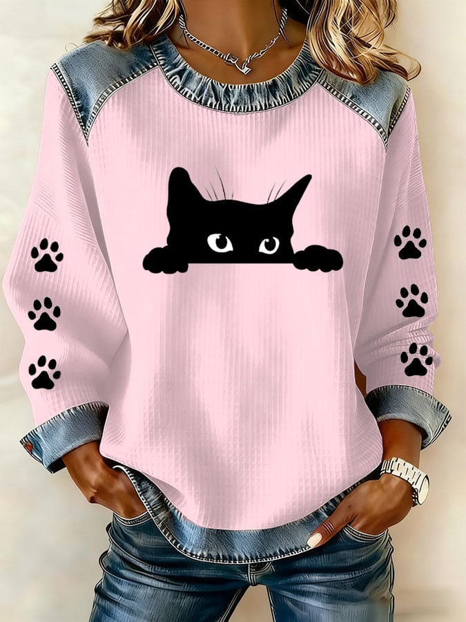Women's Cute Black Cat Print T-shirt