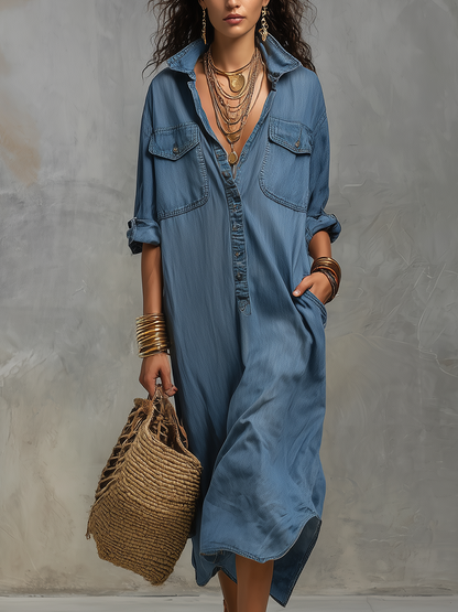 Casual Bohemian Style Washed Blue Shirt Dress