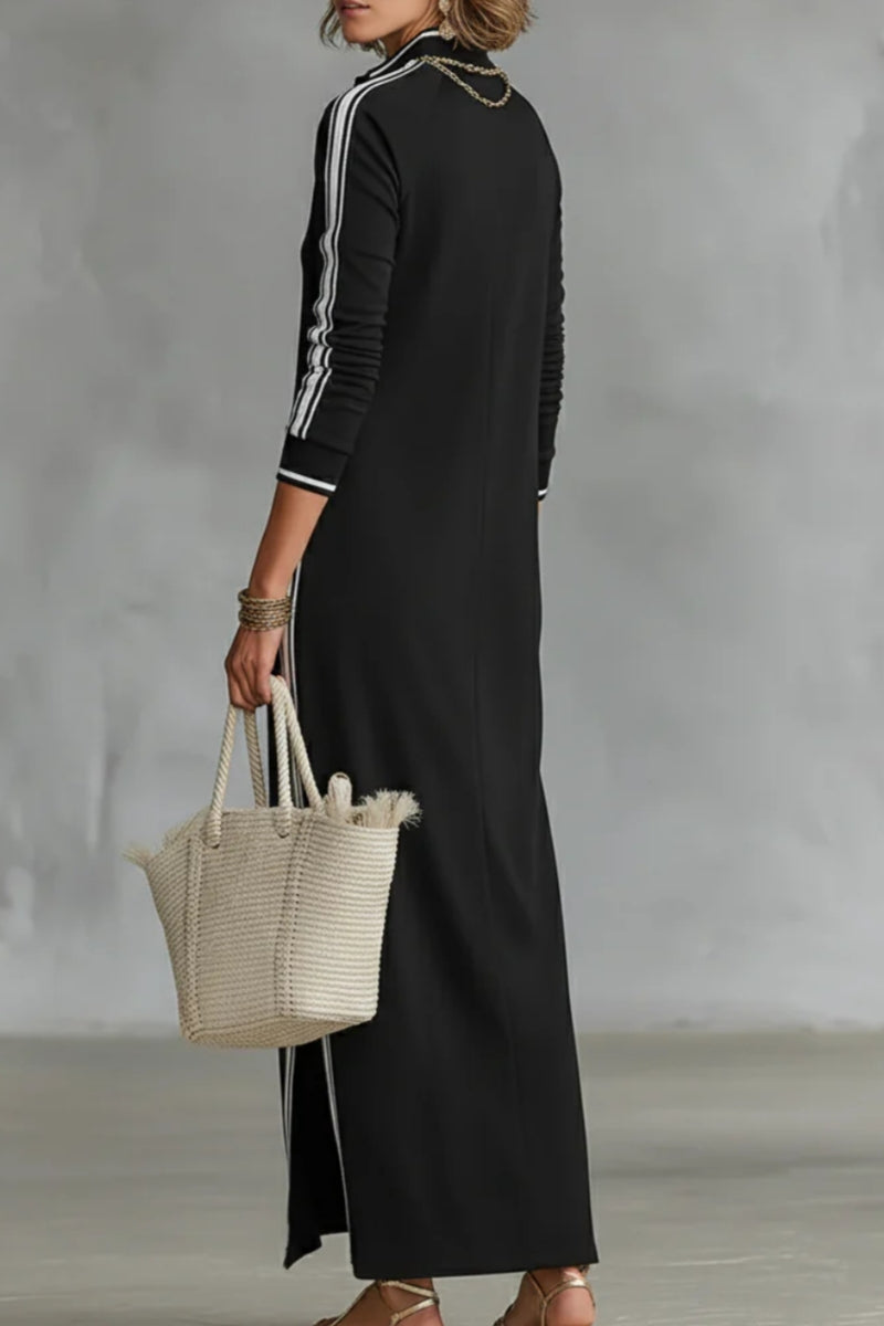 Women's Minimalist White-trimmed Button-down Collar Sweatshirt Dress Maxi Dress