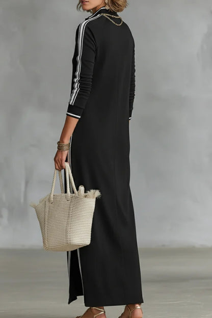 Women's Minimalist White-trimmed Button-down Collar Sweatshirt Dress Maxi Dress