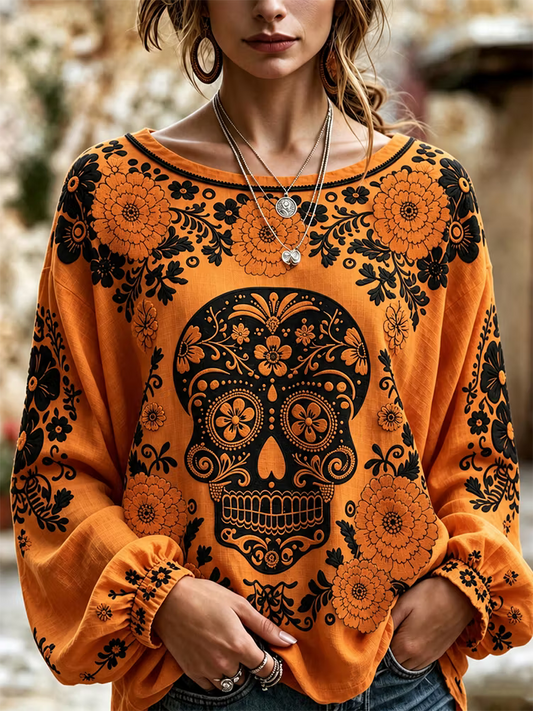 Women's Retro Floral Skull Print Cotton Linen Top