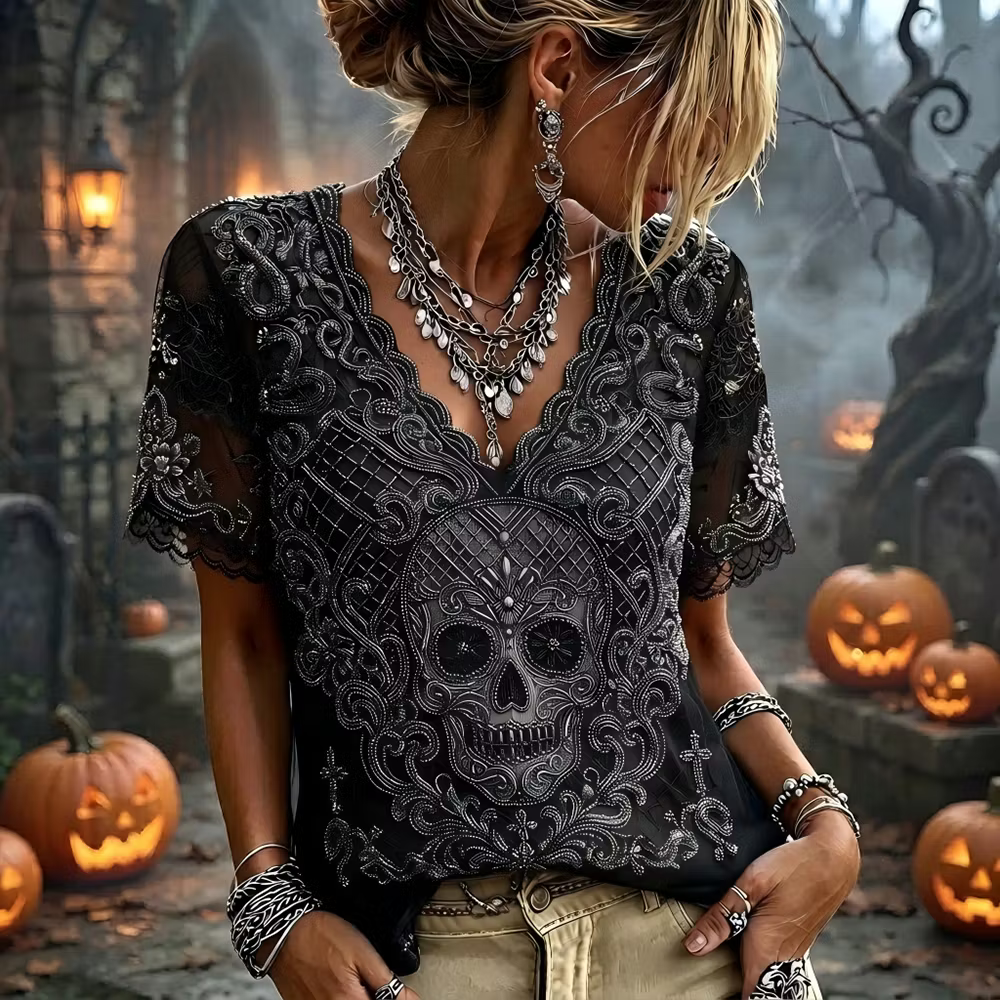 Women's Gothic Skull Embroidered V-neck Tee