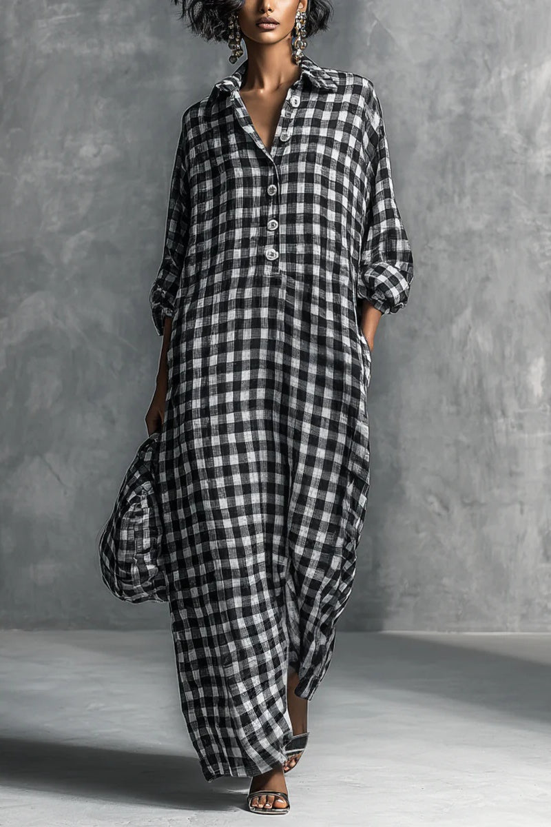Women's Casual Black And White Checkered Shirt-style Long Dress