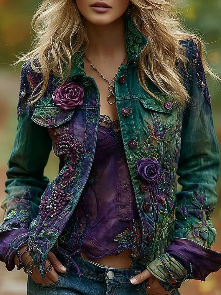 Women's Purple Rose Embroidery Pattern Dyed Washed Denim Jacket
