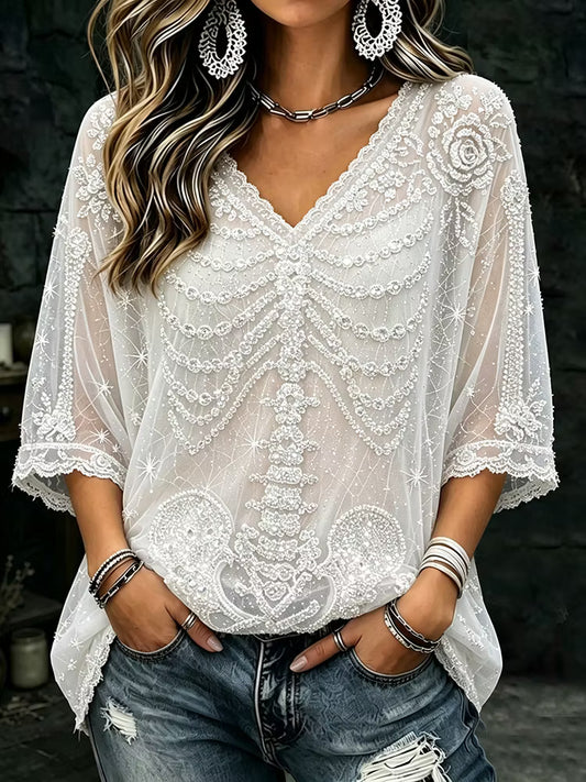Women's Halloween Bloody Skull Art V Neck Three-quarter Sleeve T-shirt
