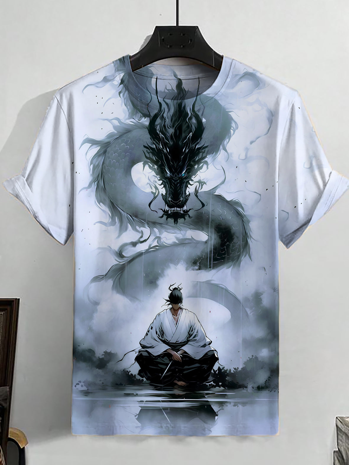 Men's Japanese Art Dragon Samurai Print Casual T-Shirt