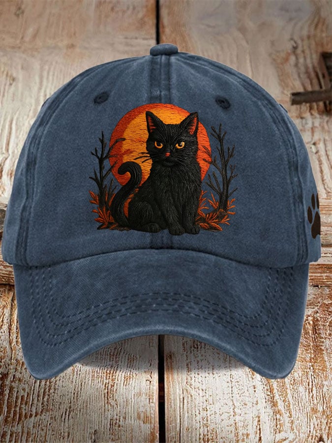 Unisex Distressed Washed Cute Cat Print Hat