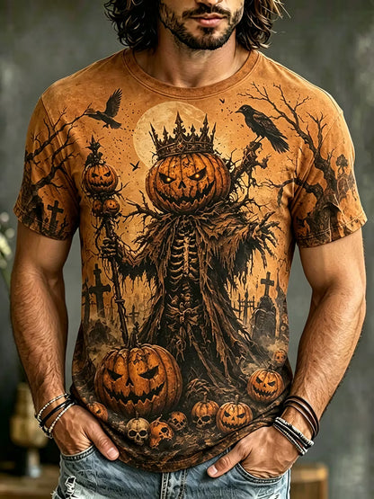 Men's Retro Halloween Pumpkin Skull Scarecrow Pattern Crew Neck Short Sleeve T-shirt