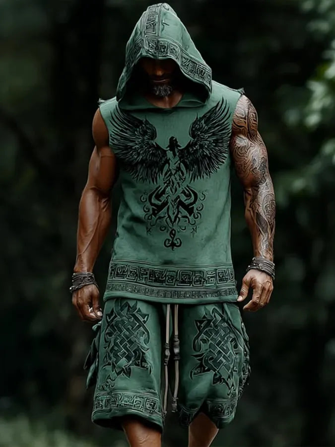 Men'S Viking-Style Color-Blocked Patterned Hooded Sleeveless Top And Pants Two-Piece Set