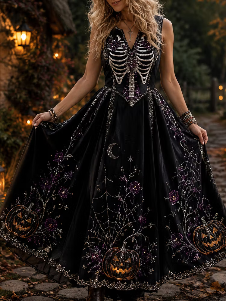 Women's Gothic Halloween Skeleton & Jack-o'-lantern Print Velvet Maxi Dress