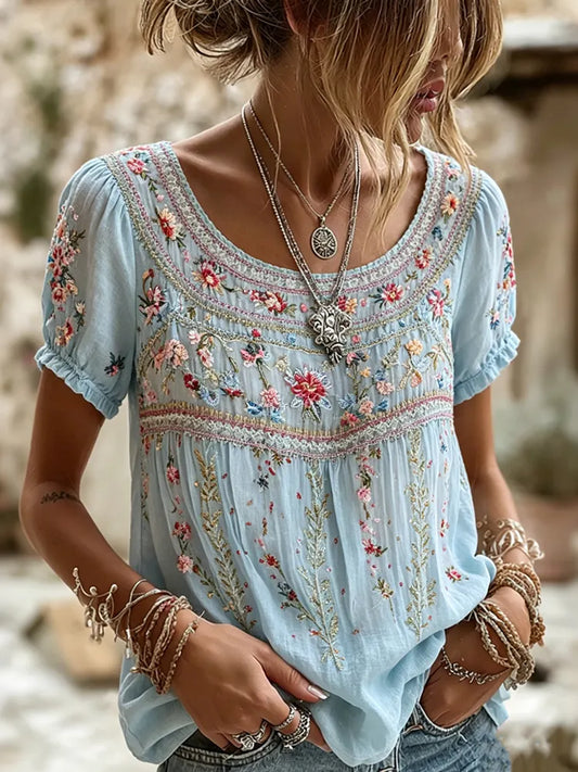 Women's Retro Floral Pattern Casual T-shirt