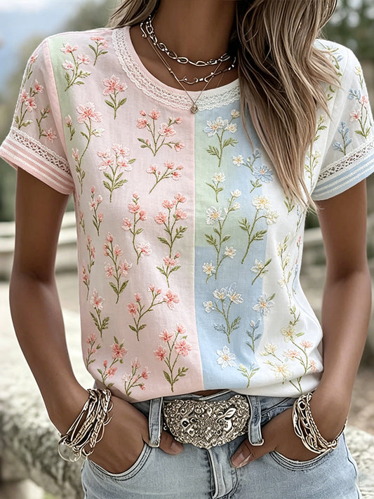 Women's Retro Rose Art Embroidery Color Block Splicing Comfortable Cotton Linen Round Neck Short Sleeve Top