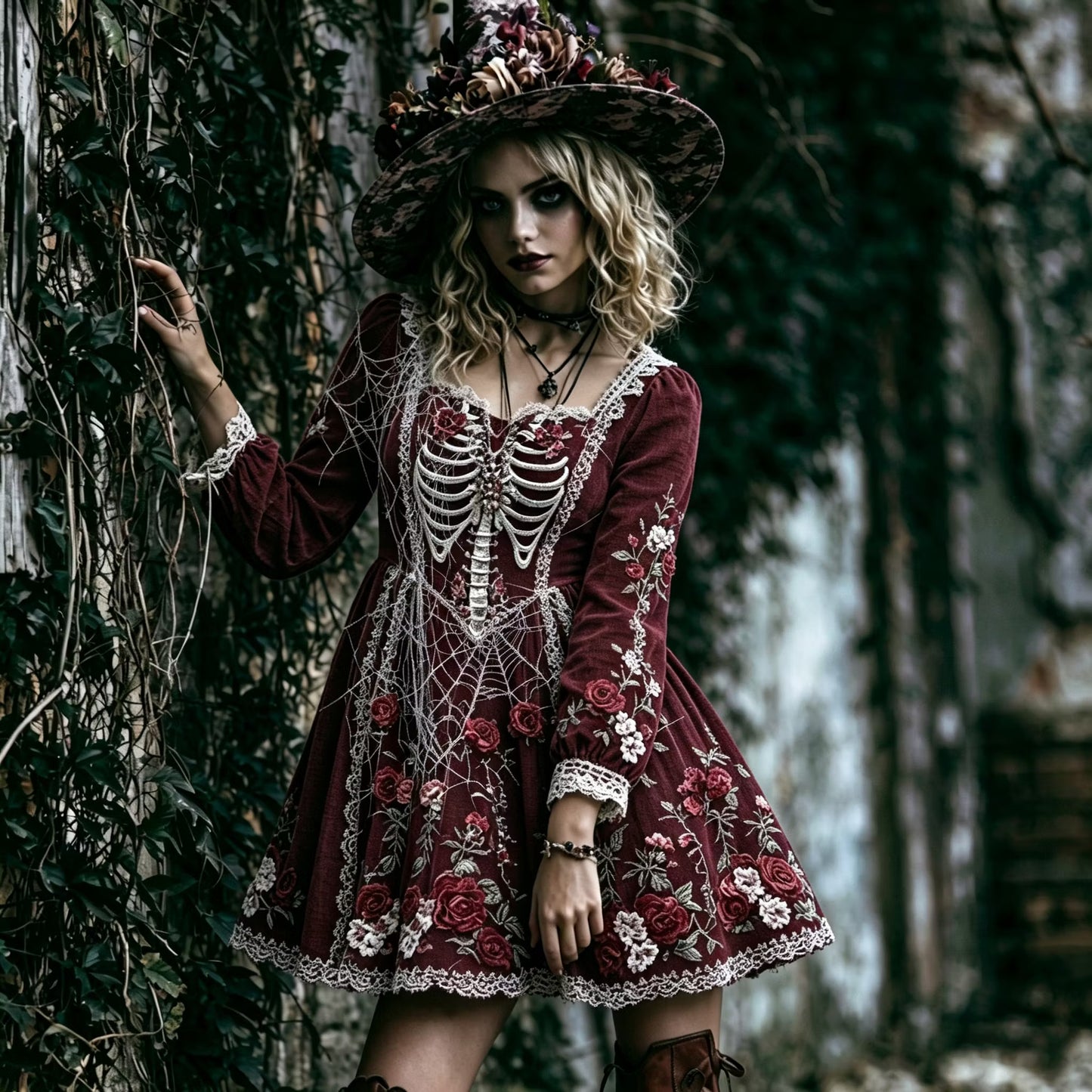 Women's Retro Floral Skeleton Spiderweb Design V-neck Long Sleeve Dress