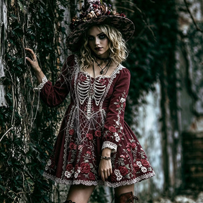 Women's Retro Floral Skeleton Spiderweb Design V-neck Long Sleeve Dress