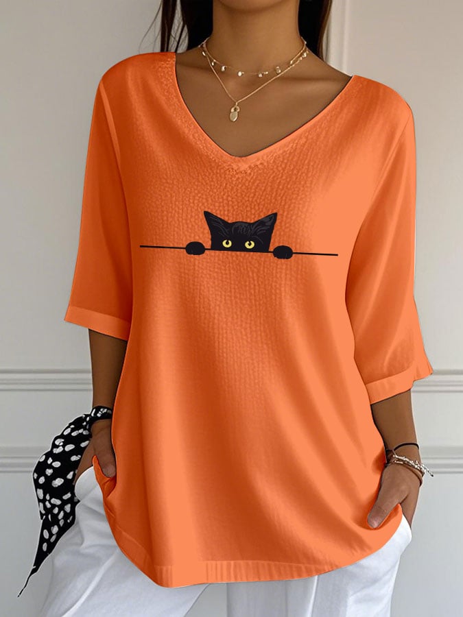 Women's Cute Cat Print Casual V-Neck T-Shirt